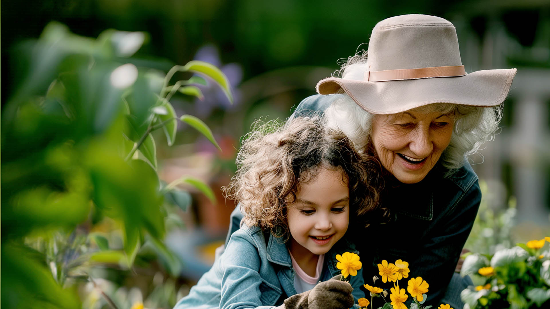 Nonna con bambina che raccoglie fiori gialli