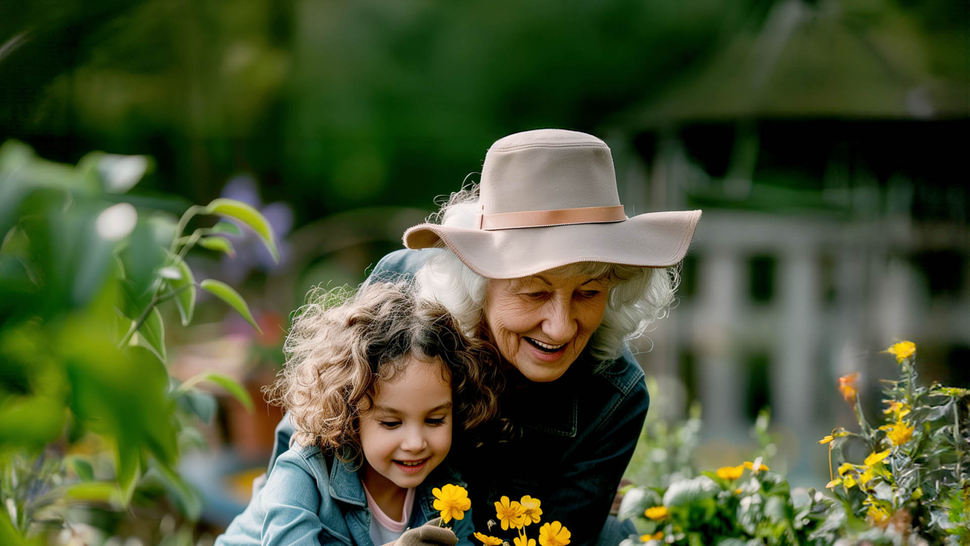 Nonna con bambina che raccoglie fiori gialli