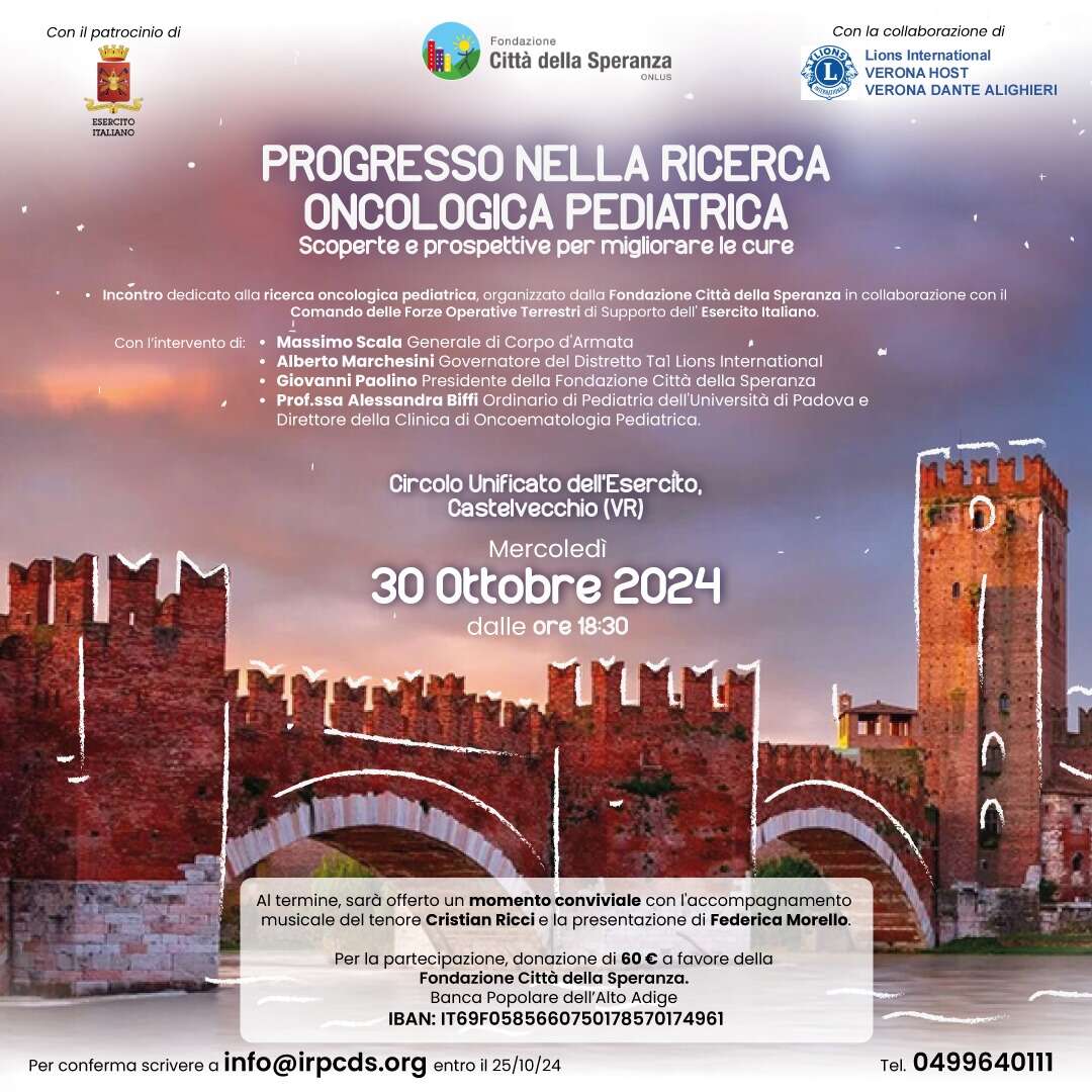 Locandina per l'iniziativa Progresso nella ricerca oncologica pediatrica al Circolo Unificato dell'esercito a Castelvecchio, Verona