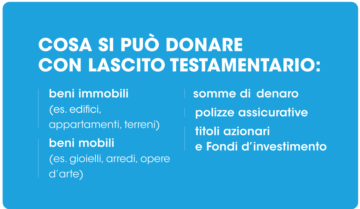 grafica con spiegazione su cosa si può donare con il lascito testamentario