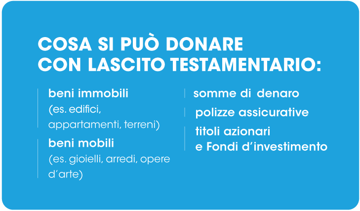 grafica con spiegazione su cosa si può donare con il lascito testamentario