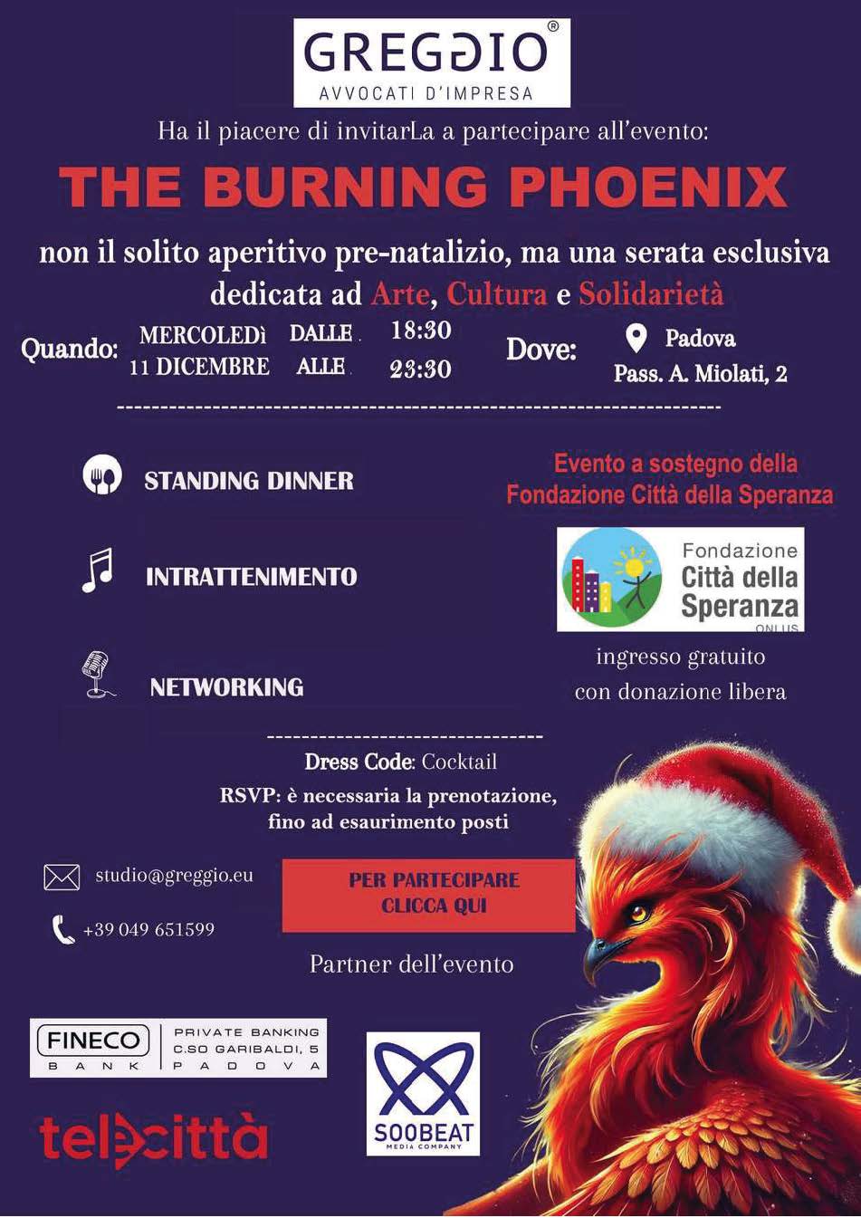 Locandina per l'evento a sostegno della Fondazione Città della Speranza presso Studio Greggio a Padova mercoledì 11 dicembre 2024