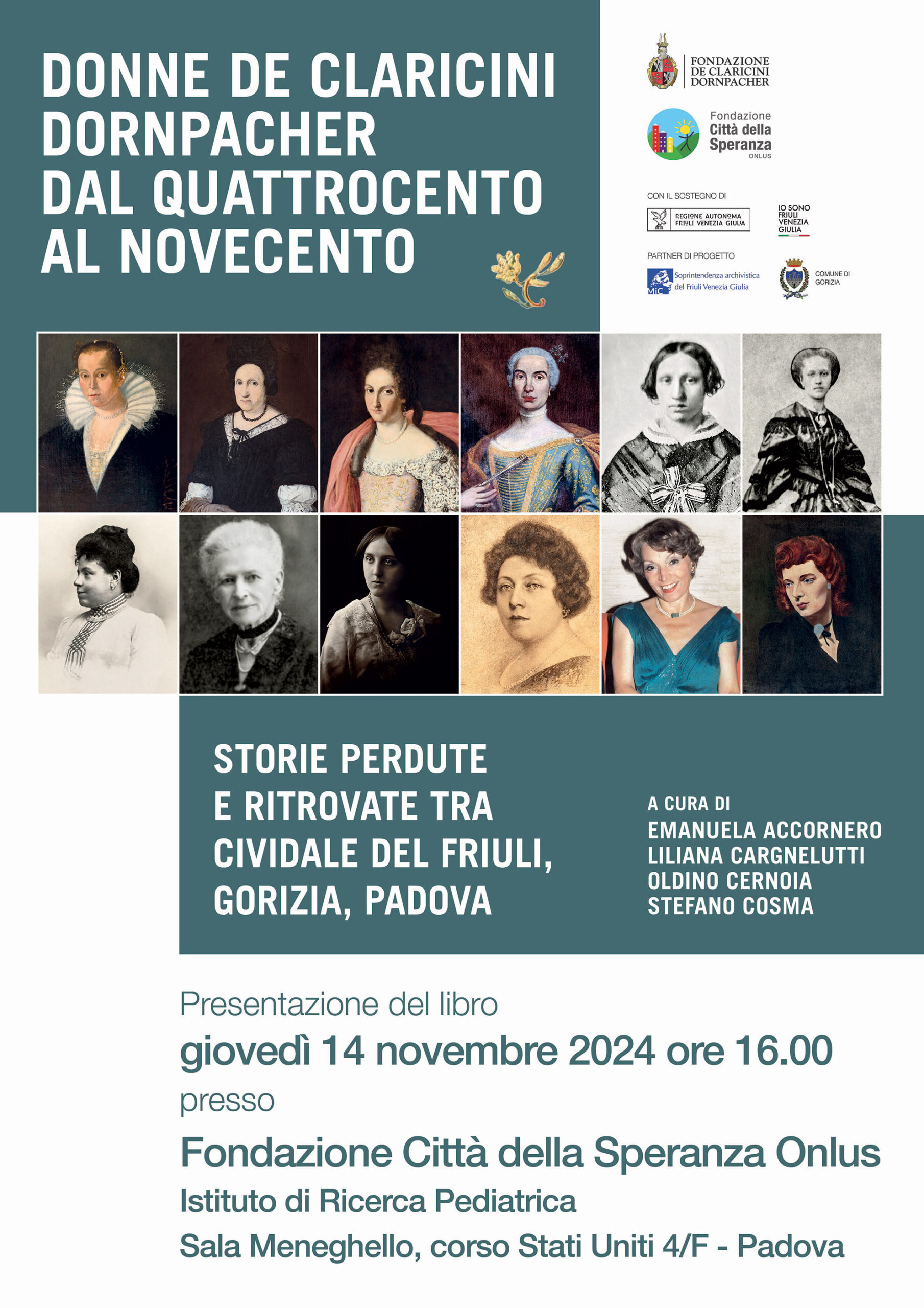 Locandina per la presentazione del libro Donne de Claricini Dornpacher dal quattrocento al novecento giovedì 14 novembre 2024