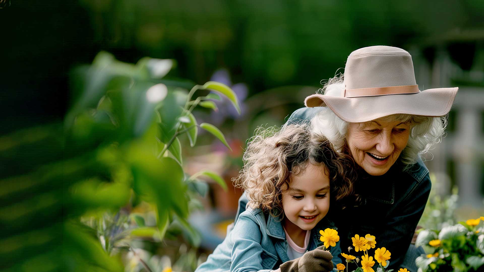 signora anziana che raccoglie fiori con una bambina