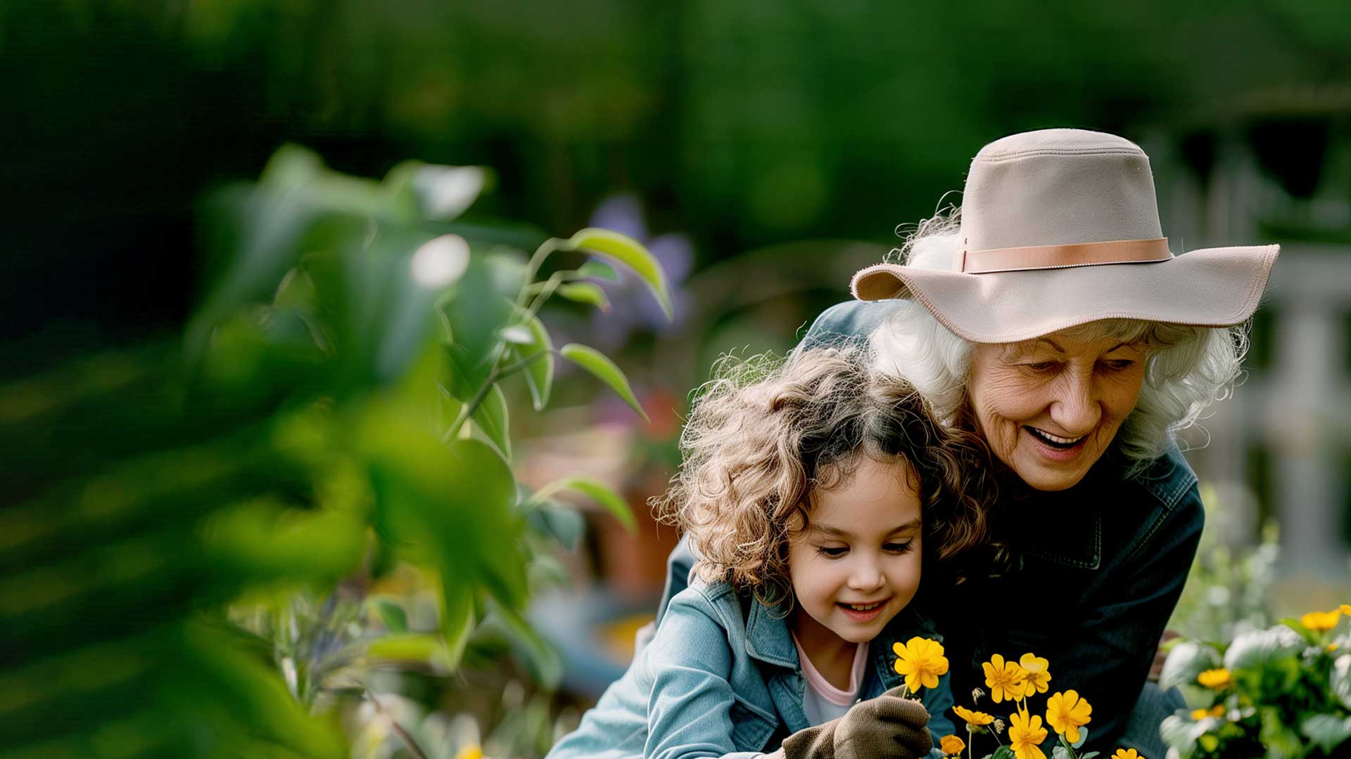 donna anziana che raccoglie fiori con una bambina