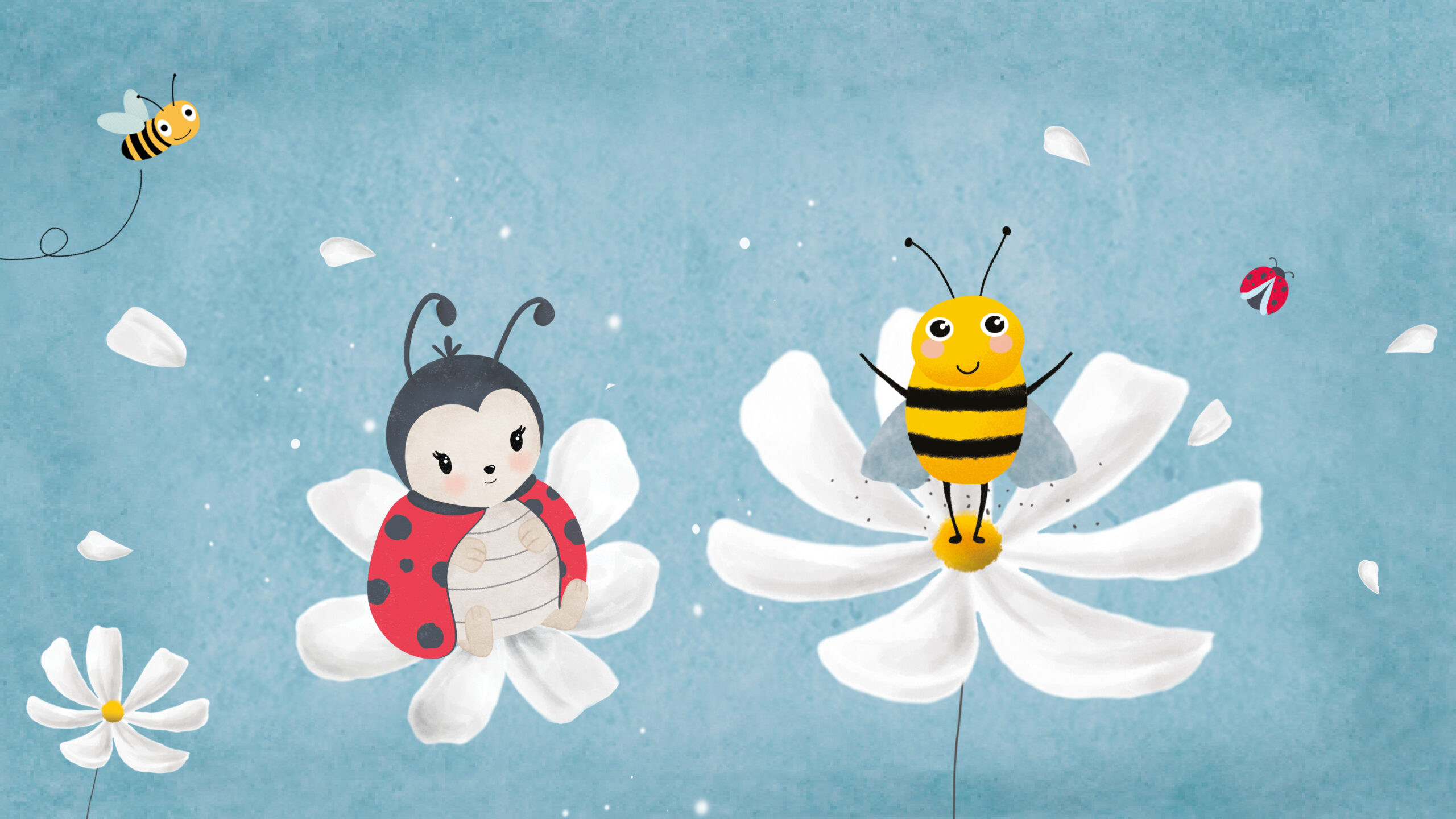 sfondo grafica per la campagna di pasqua 2025 di Città della Speranza con una coccinella e due api seduti su fiori