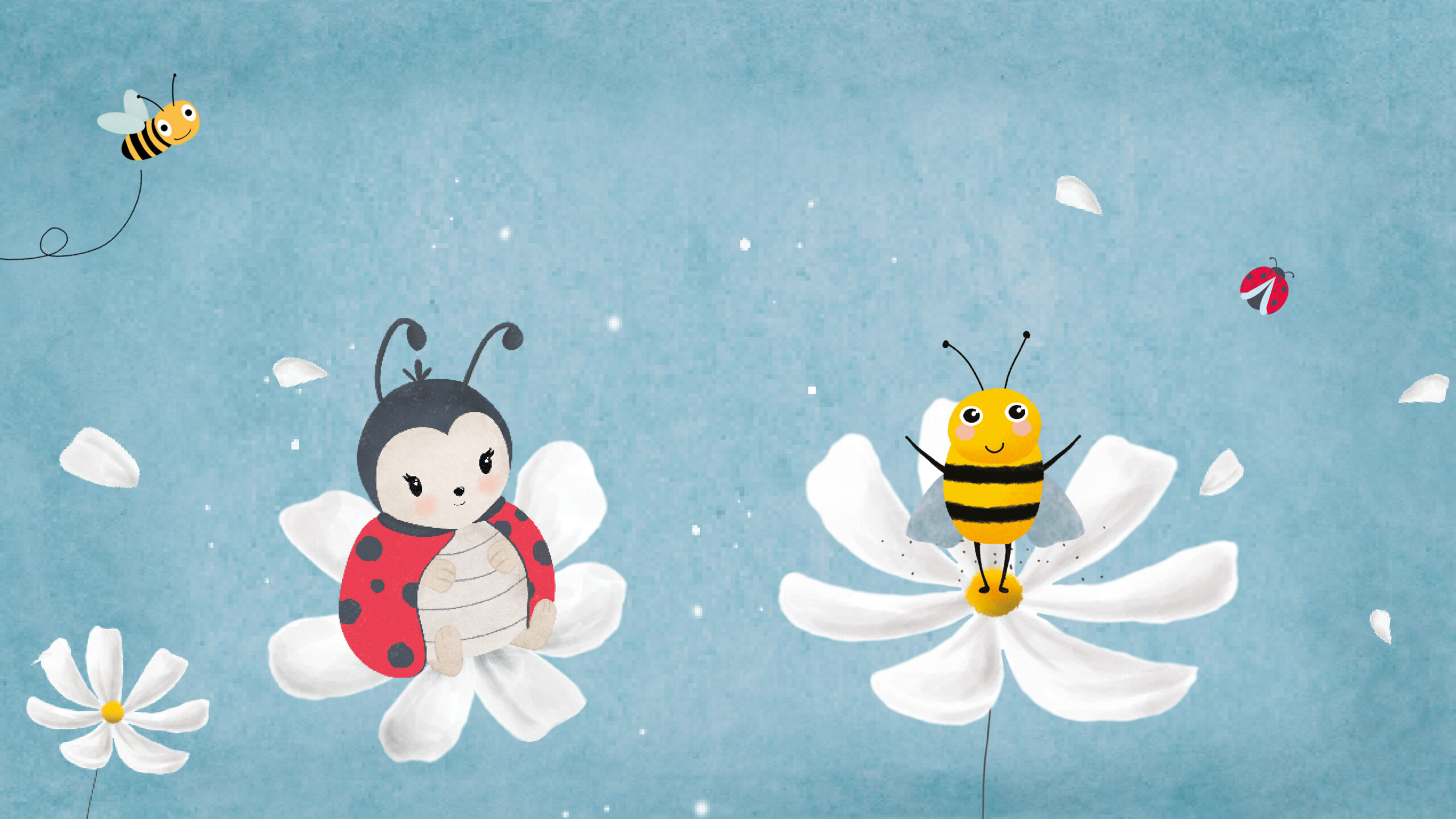 grafica con due coccinelle e due api seduti su dei fiori