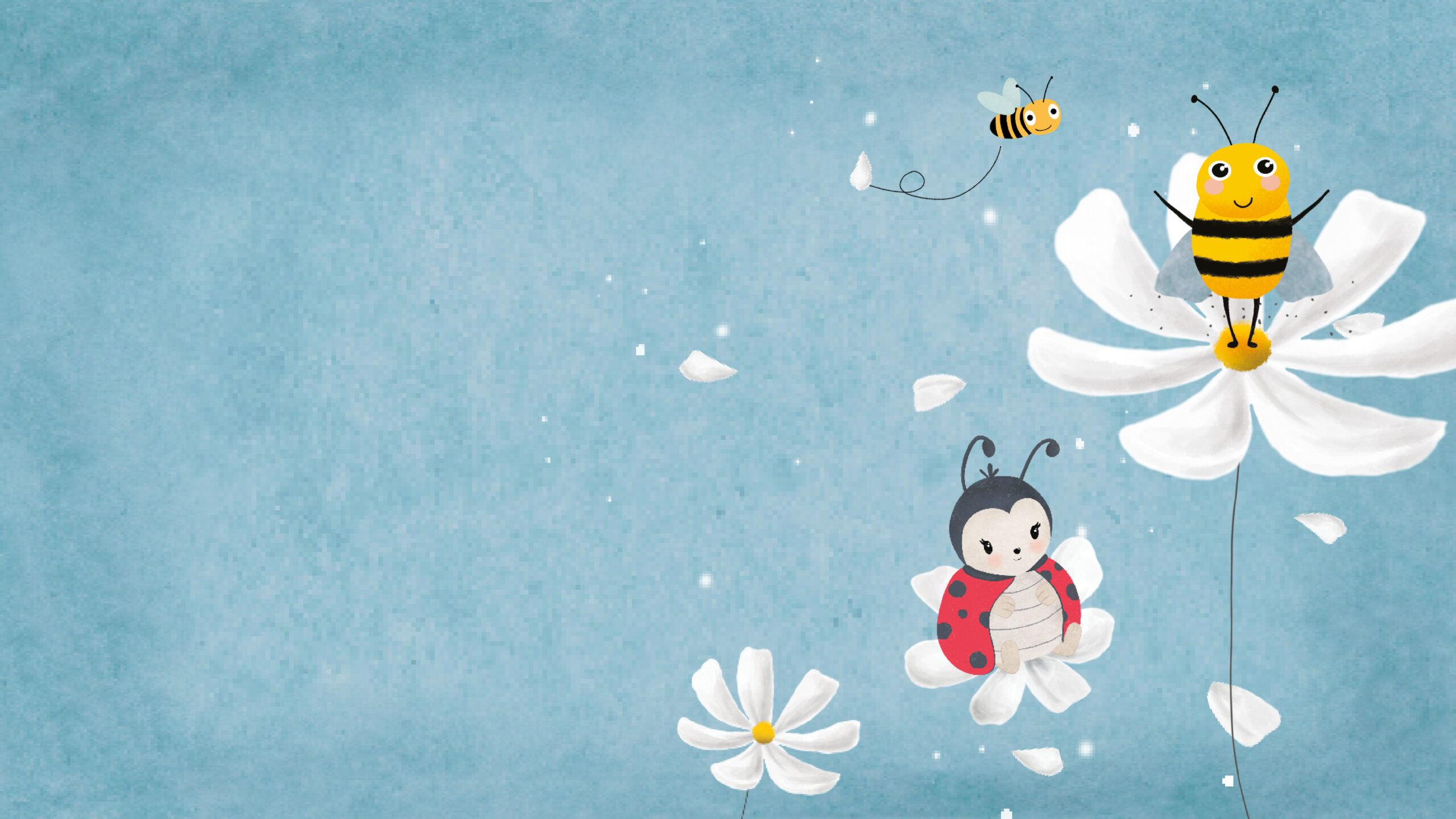 sfondo grafica per la campagna di pasqua 2025 di Città della Speranza con una coccinella e due api seduti su fiori