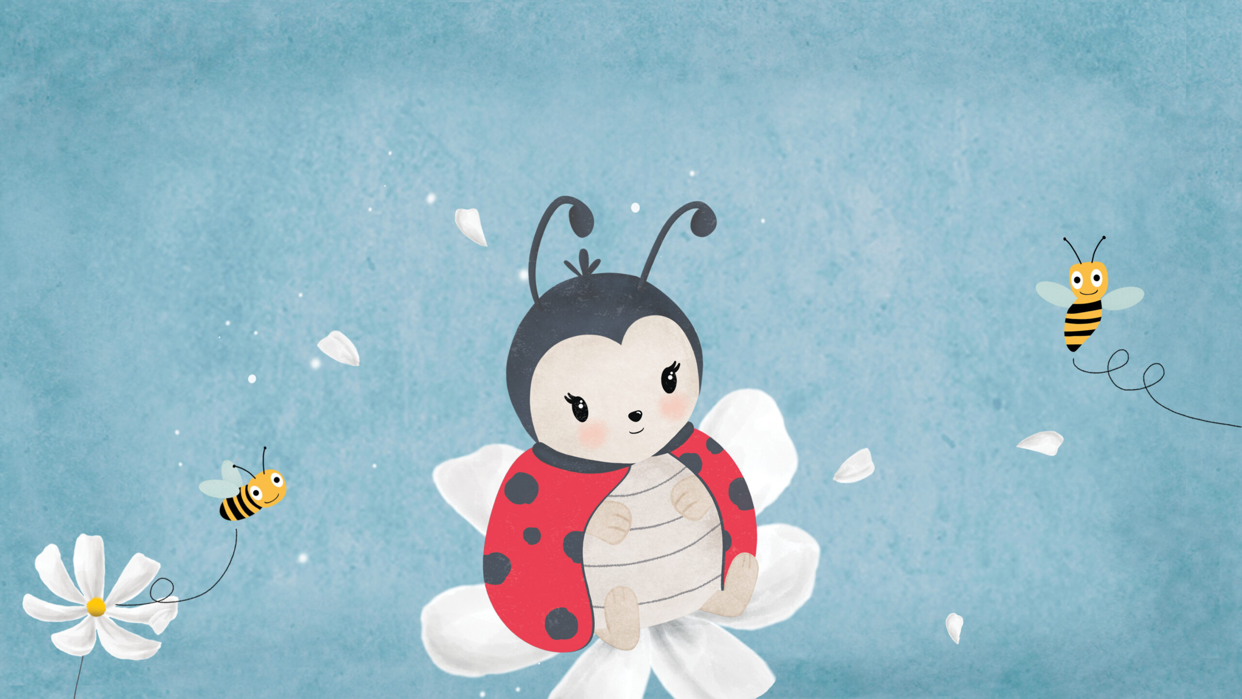 coccinella e due api disegnati su sfondo azzurro