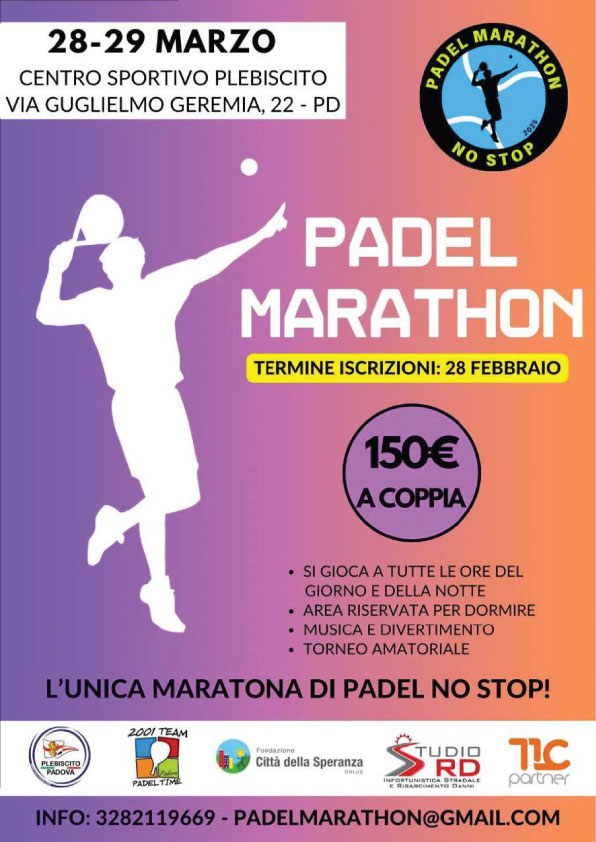 locandina iniziativa Padel Marathon il 28 e 29 marzo al centro sportivo Plebiscito, Padova