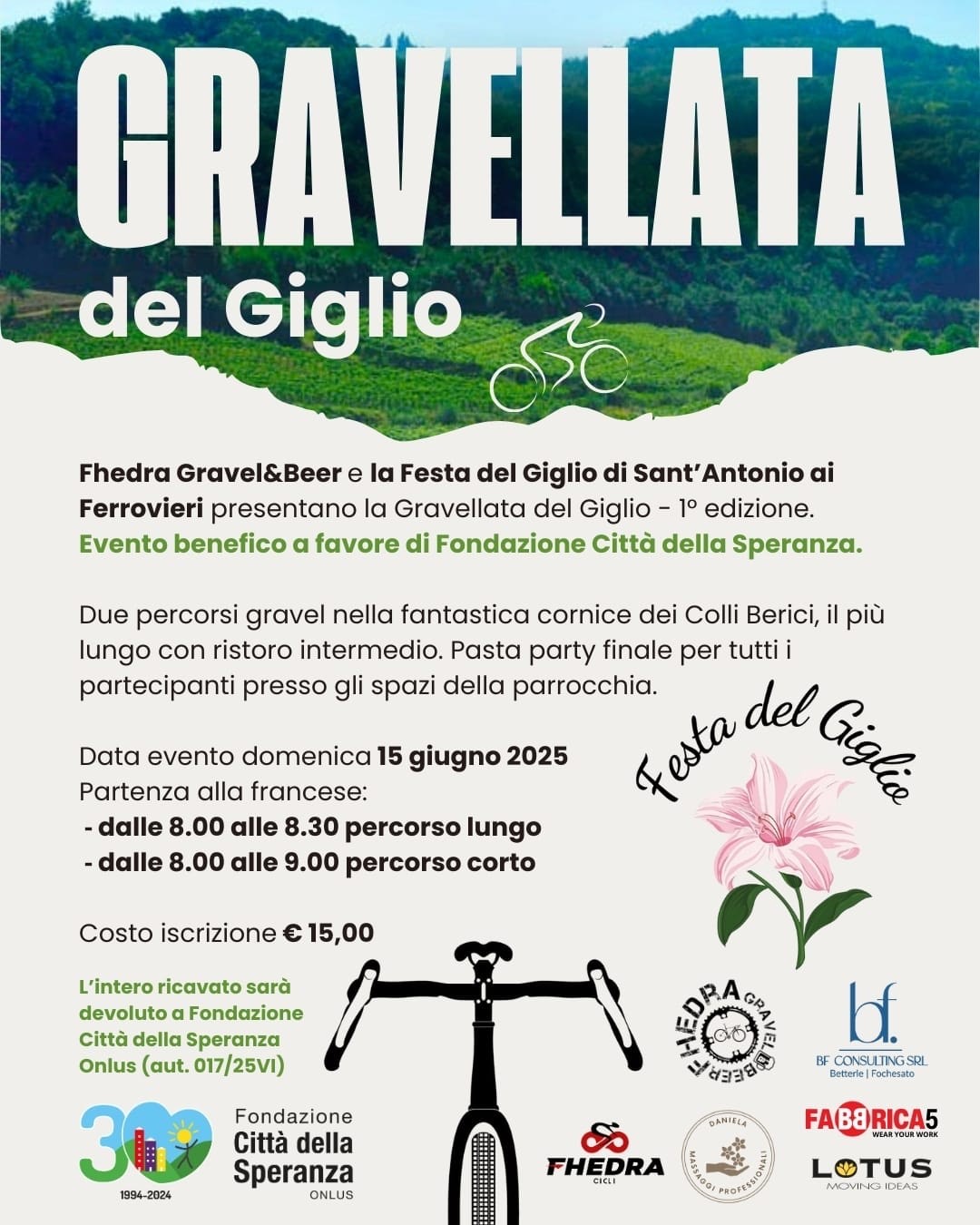 Locandina per l'iniziativa Gravellata del Giglio domenica 15 giugno 2025. Evento benefico a favore di Fondazione Città della Speranza