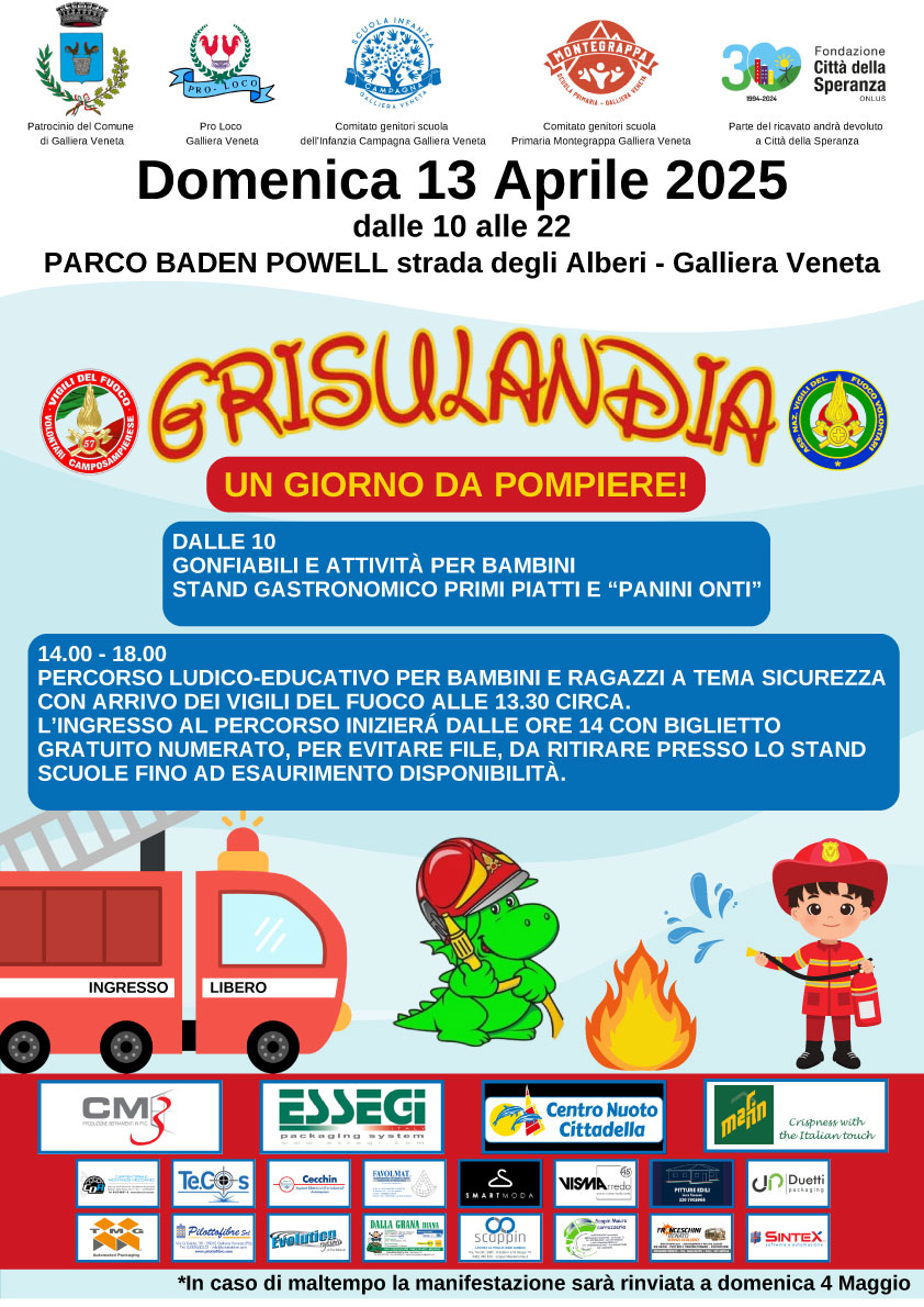 Locandina per l'iniziativa Grisulandia domenica 13 aprile 2025 dalle 10 alle 22 a Galliera Veneta