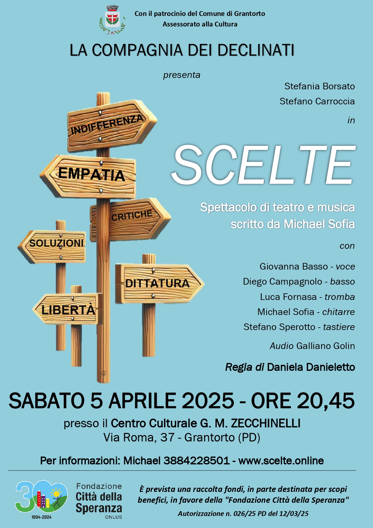 La locandina per l'iniziativa "Scelte" presentato dalla Compagnia dei declinati il sabato 5 aprile 2025 alle ore 20.45