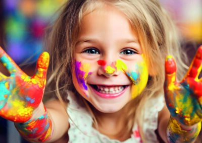 bambina bionda con le mani colorate
