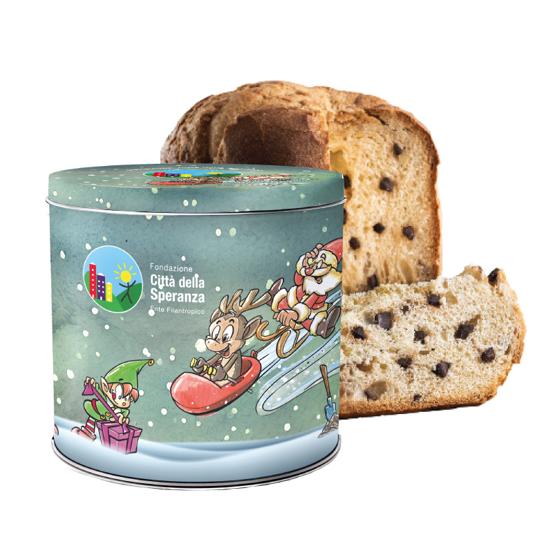Panettone gocce di cioccolato con scatola di latta Città della Speranza, Natale 2026