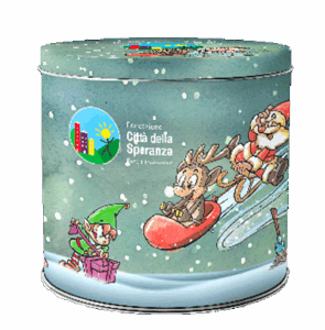Latta illustrata Natale 2026 di Città della Speranza con panettone o pandoro