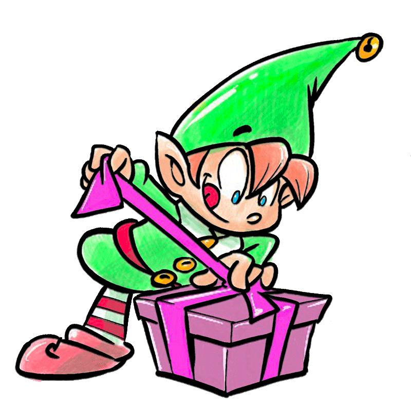 Illustrazione di un elfo di Natale che apre un regalo