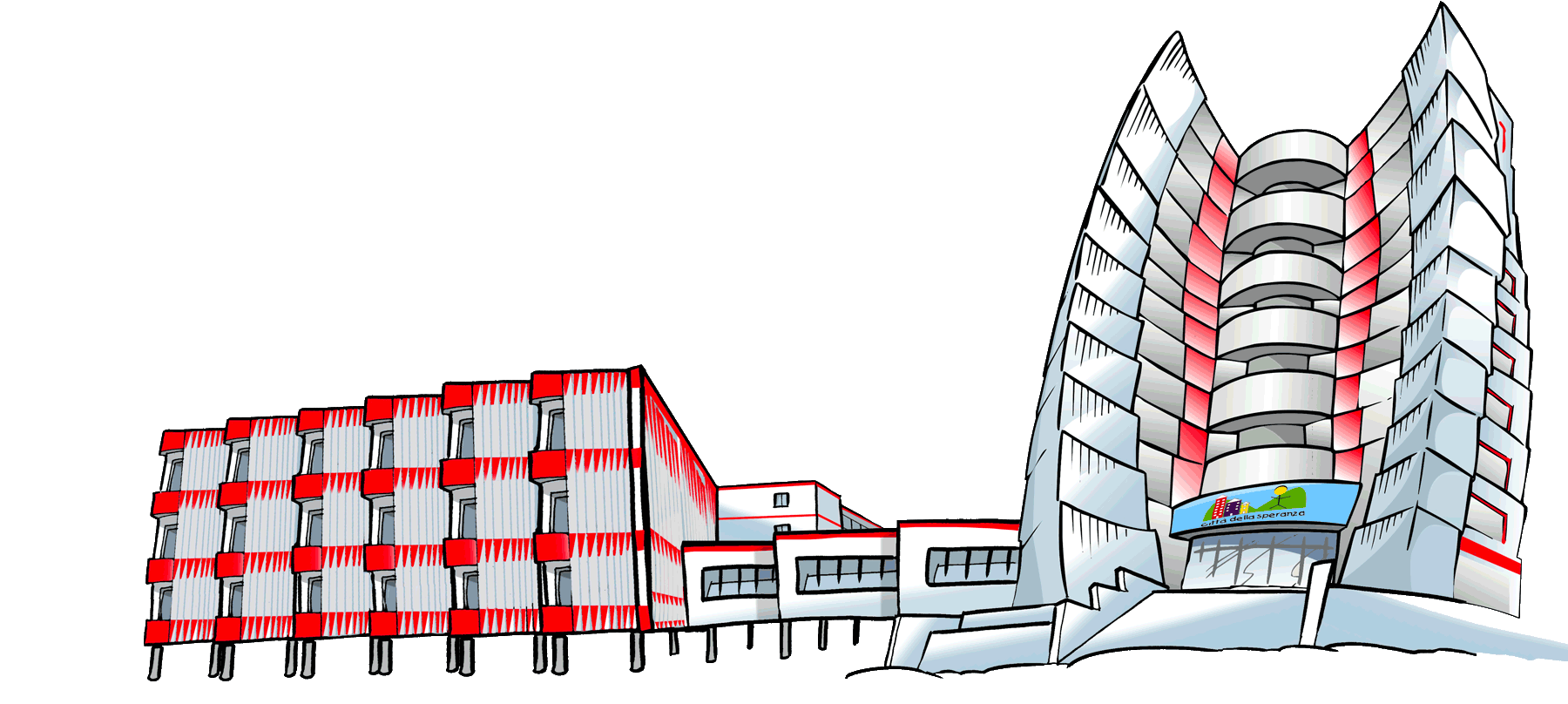 Illustrazione degli edifici di Città della Speranza con la nuova torre Orizzonte della Ricerca